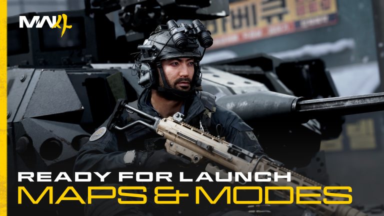 Modern Warfare 4 artwork of an operator in a helmet with mounted night-vision goggles, crouched beside an armoured vehicle, under the text Ready for Launch: Maps and Modes.