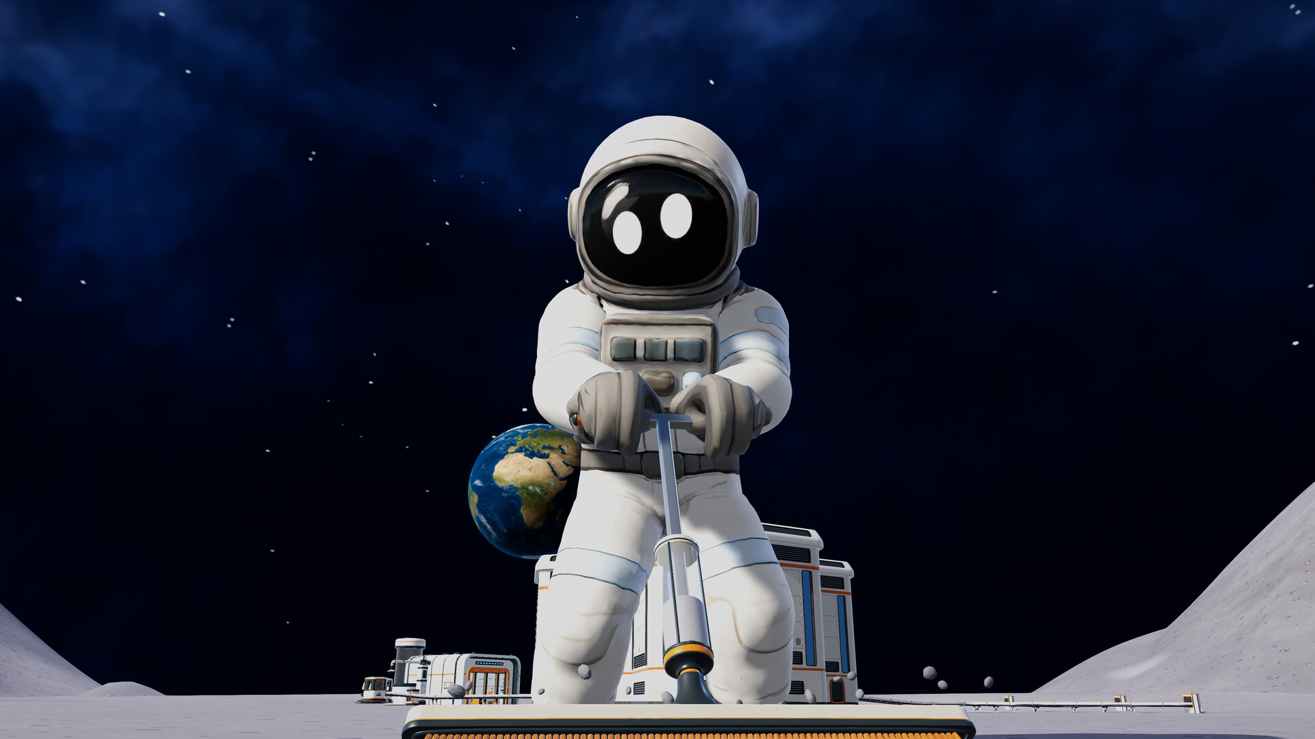 Moon Sweepers: an astronaut pushing a wide broom across lunar dust, with a station and Earth behind