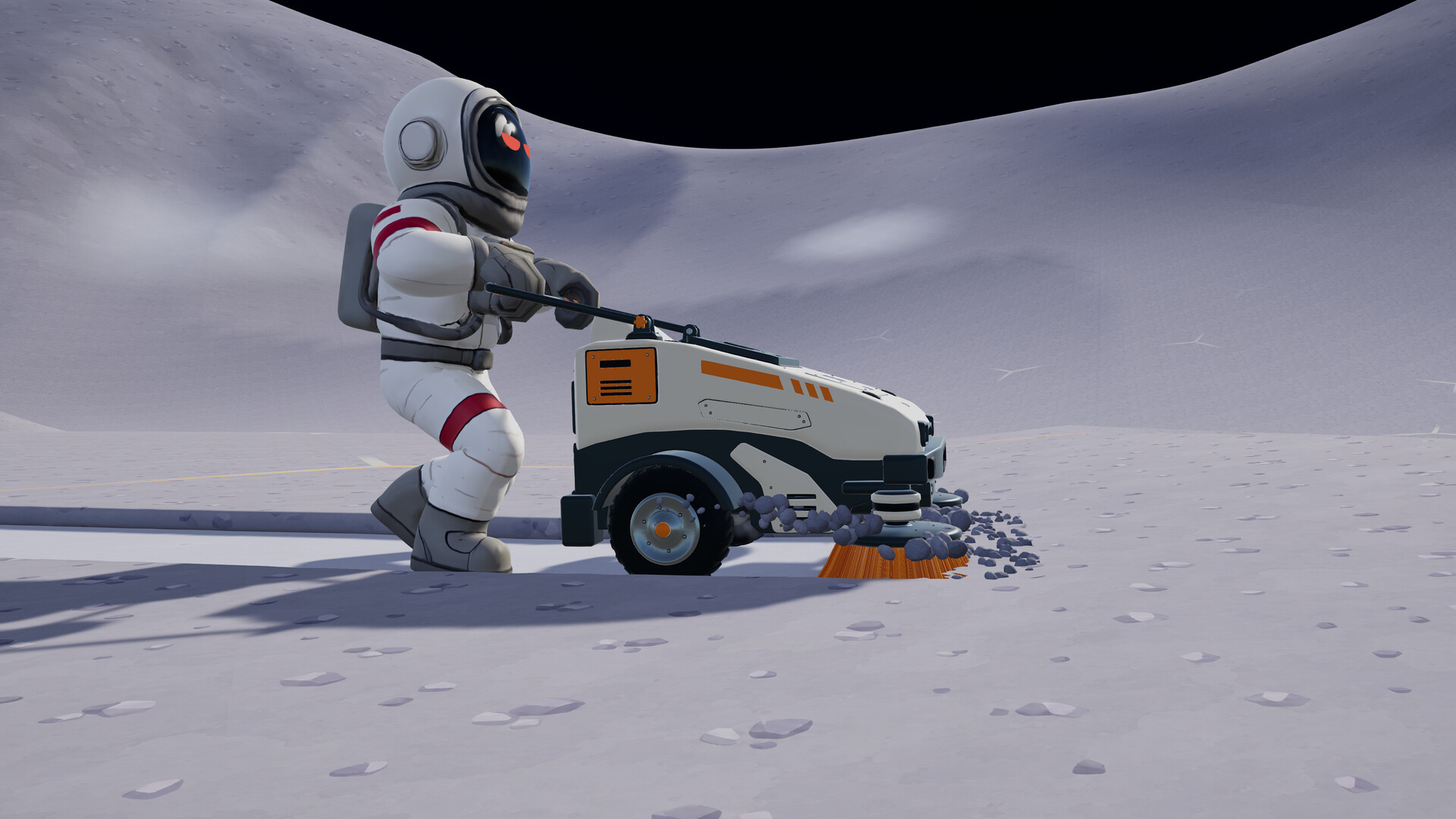 An astronaut pushes a small wheeled sweeper that brushes up grey lunar dust