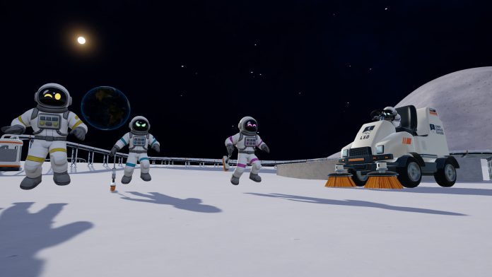 Moon Sweepers: three astronauts with brooms and a white sweeper truck on the lunar surface, with Earth in the sky