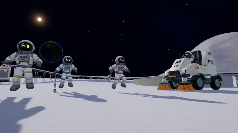 Moon Sweepers: three astronauts with brooms and a white sweeper truck on the lunar surface, with Earth in the sky