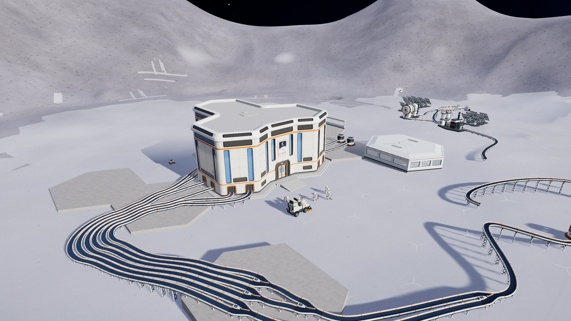 An aerial view of a white lunar base with long curving conveyor lines running across the Moon’s surface