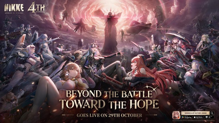 NIKKE 4th Anniversary key art of many Nikkes beneath a dark figure, with the line Beyond the Battle Toward the Hope, goes live on 29th October