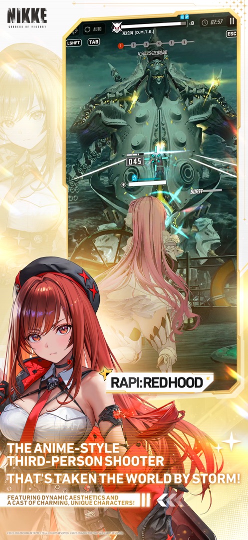 NIKKE App Store screenshot showing Rapi: Red Hood beneath a phone screen of third-person shooting gameplay