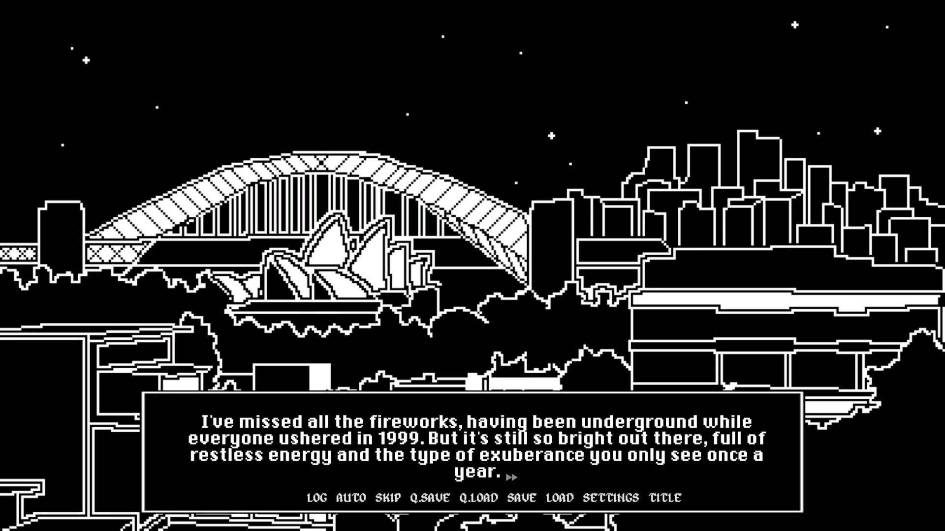 A one-bit black and white drawing of the Sydney Harbour Bridge and Opera House at night with a dialogue box about 1999
