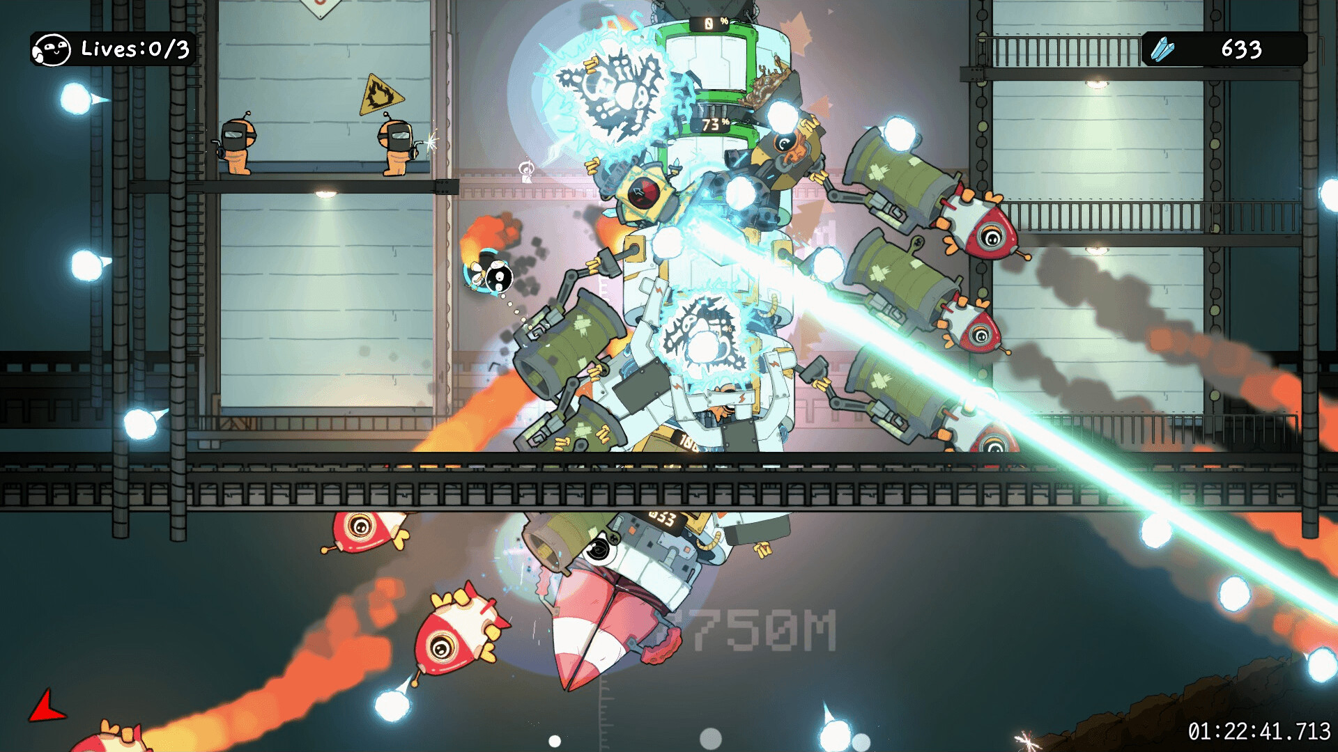 A tiny round character flies past a tall tower of white machinery and green rocket pods while a cyan laser beam cuts across the screen, with a lives counter and timer on the edges