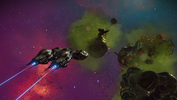No Mans Sky Forsaken biomechanical corvettes. Image Hello Games Two dark biomechanical corvettes fire blue lasers past an organic, pod-covered wreck in a purple nebula in No Man's Sky: Forsaken