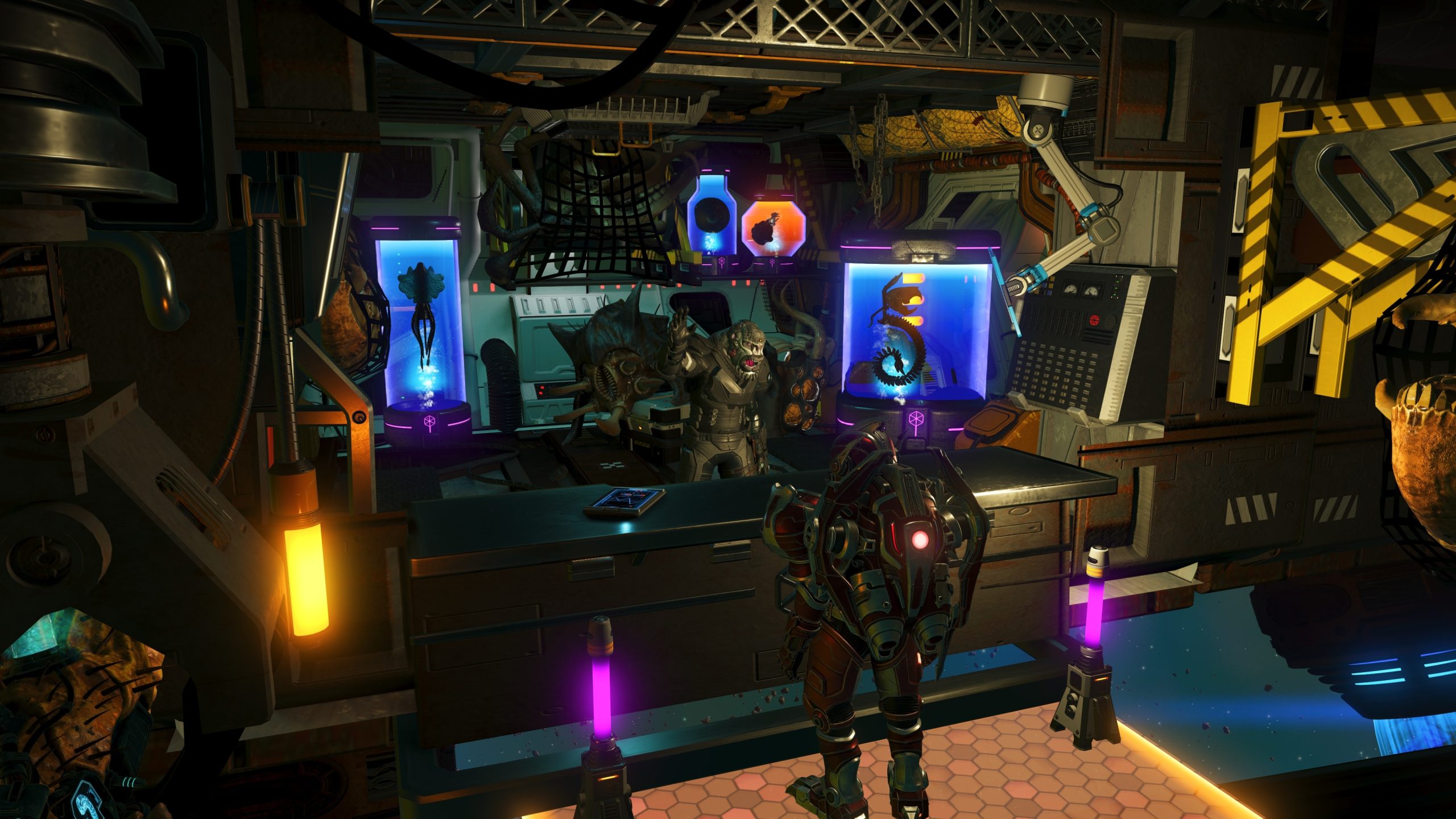 A forsaken trader stands behind a counter lined with glowing specimen tanks at a space outpost in No Man's Sky: Forsaken