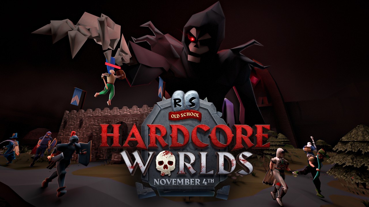A hooded figure with red eyes looms over Old School RuneScape players fighting, behind the Hardcore Worlds November 4th logo