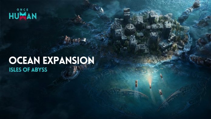 Key art for Once Human's Isles of Abyss ocean expansion, showing a ruined island town ringed by ships