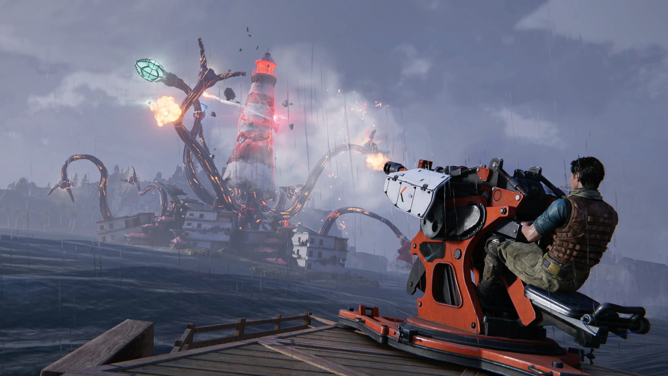 A player on a deck-mounted gun firing at a lighthouse wrapped in glowing tentacles on a stormy sea in Once Human.