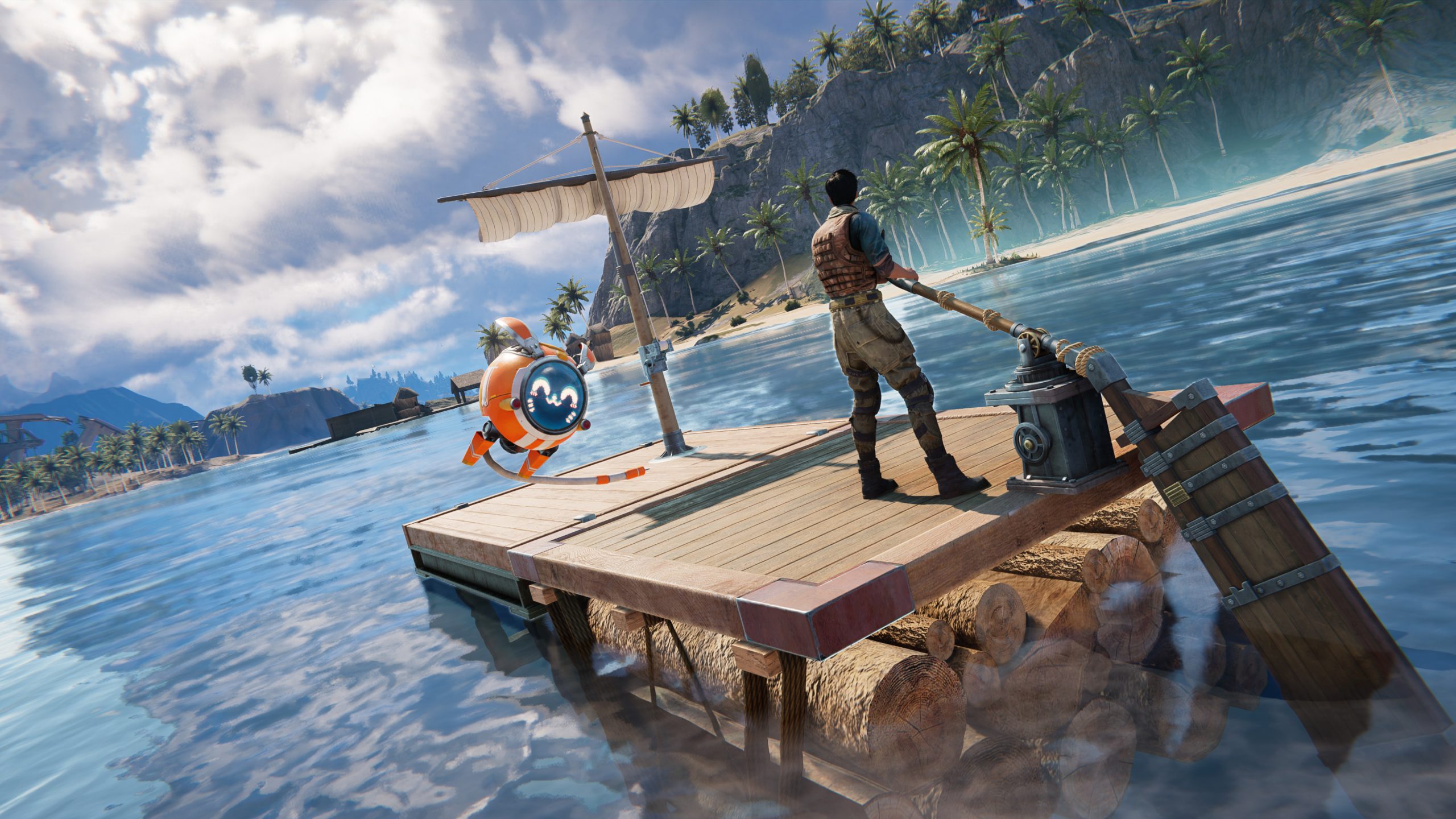 A player steering a wooden raft with a hovering orange robot companion beside a palm-covered island in Once Human.