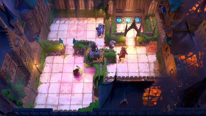 Order of the Sinking Star courtyard. Image: Thekla A top-down view of a tiled castle courtyard puzzle with characters, statues and glowing blue pads among dark spires