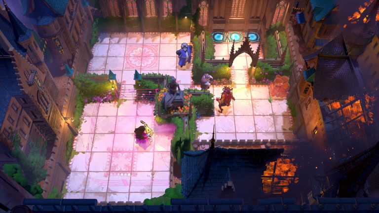 A top-down view of a tiled castle courtyard puzzle with characters, statues and glowing blue pads among dark spires