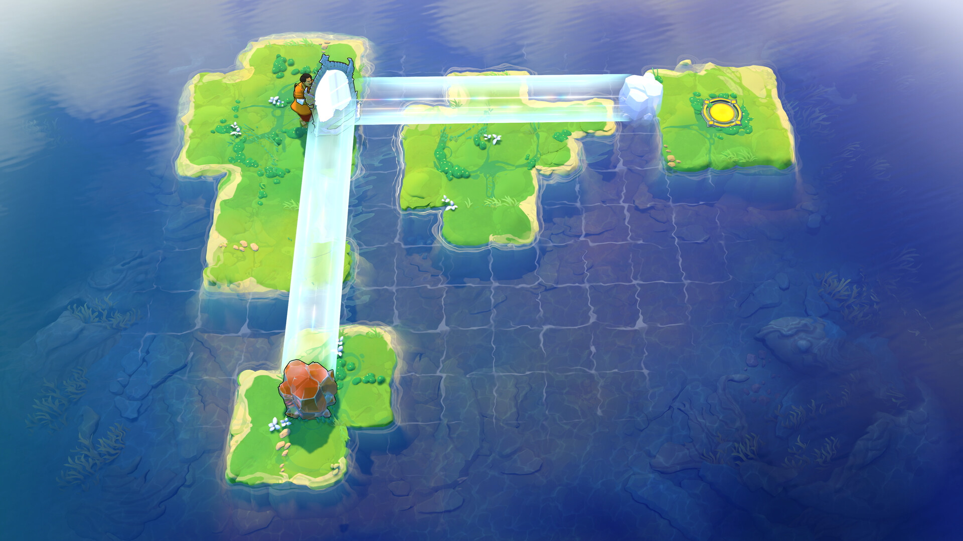 Small green islands in deep blue water linked by beams of light, with a character standing on one island