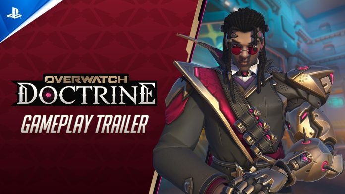 Overwatch Doctrine gameplay trailer. Image: Blizzard Entertainment Doctrine, in red glasses and a dark armoured coat, beside the Overwatch Doctrine Gameplay Trailer title