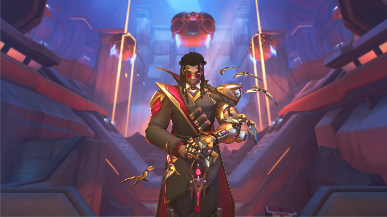 Doctrine, in a long dark coat and red goggles, stands among his bat-like drones inside a red-lit prison hall
