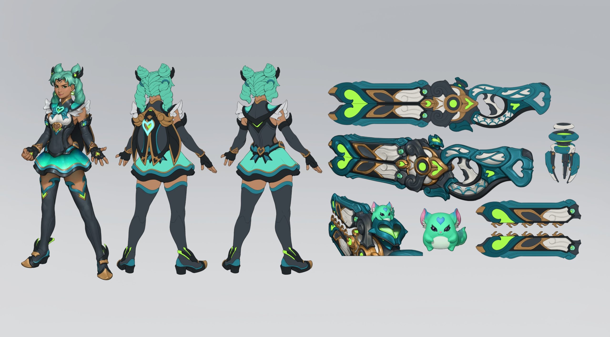 Model sheet of a teal-haired Illari in a Dokiwatch outfit, with weapon and pet designs.