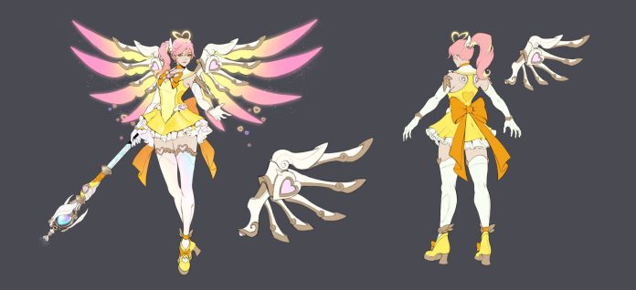 Concept art of a yellow magical-girl style Mercy skin with pink wings, from two angles
