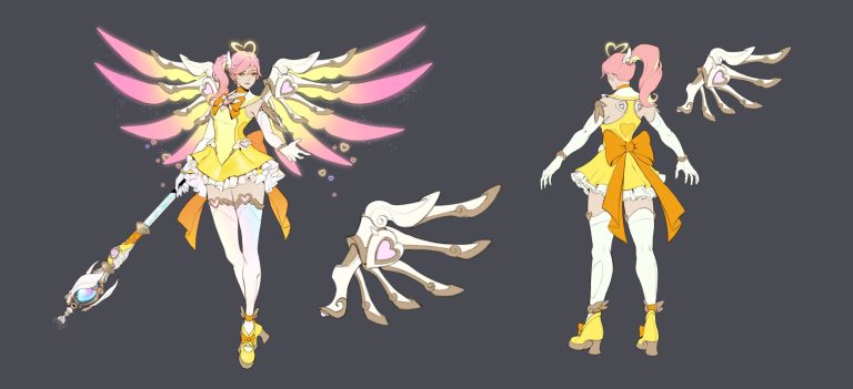 Concept art of a yellow magical-girl style Mercy skin with pink wings, from two angles