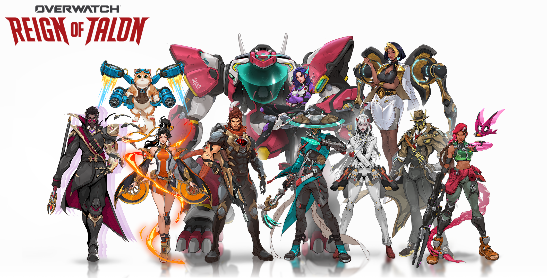 Overwatch Reign of Talon key art showing a line-up of heroes under the Reign of Talon logo