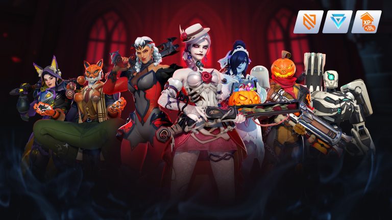 A line-up of Overwatch heroes in Halloween Battle Pass skins in a red gothic hall