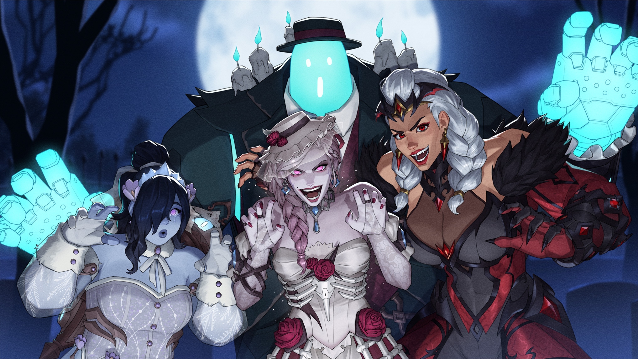 Overwatch heroes in ghostly Halloween skins pose under a full moon, one with a glowing blue ghost head