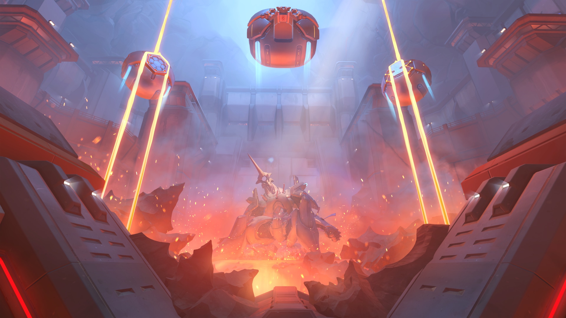 Searchlights sweep across a fiery volcanic chasm inside the Watchpoint: Grímsvötn prison