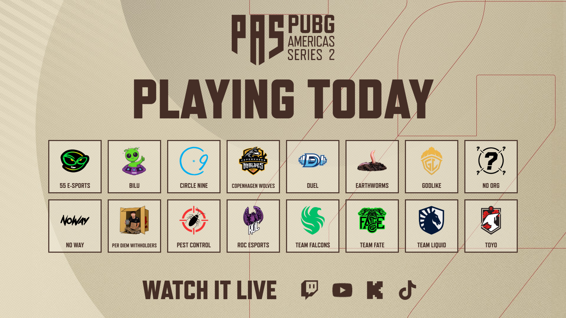 PUBG Americas Series 2 Playing Today graphic showing the logos of the 16 teams in the lobby