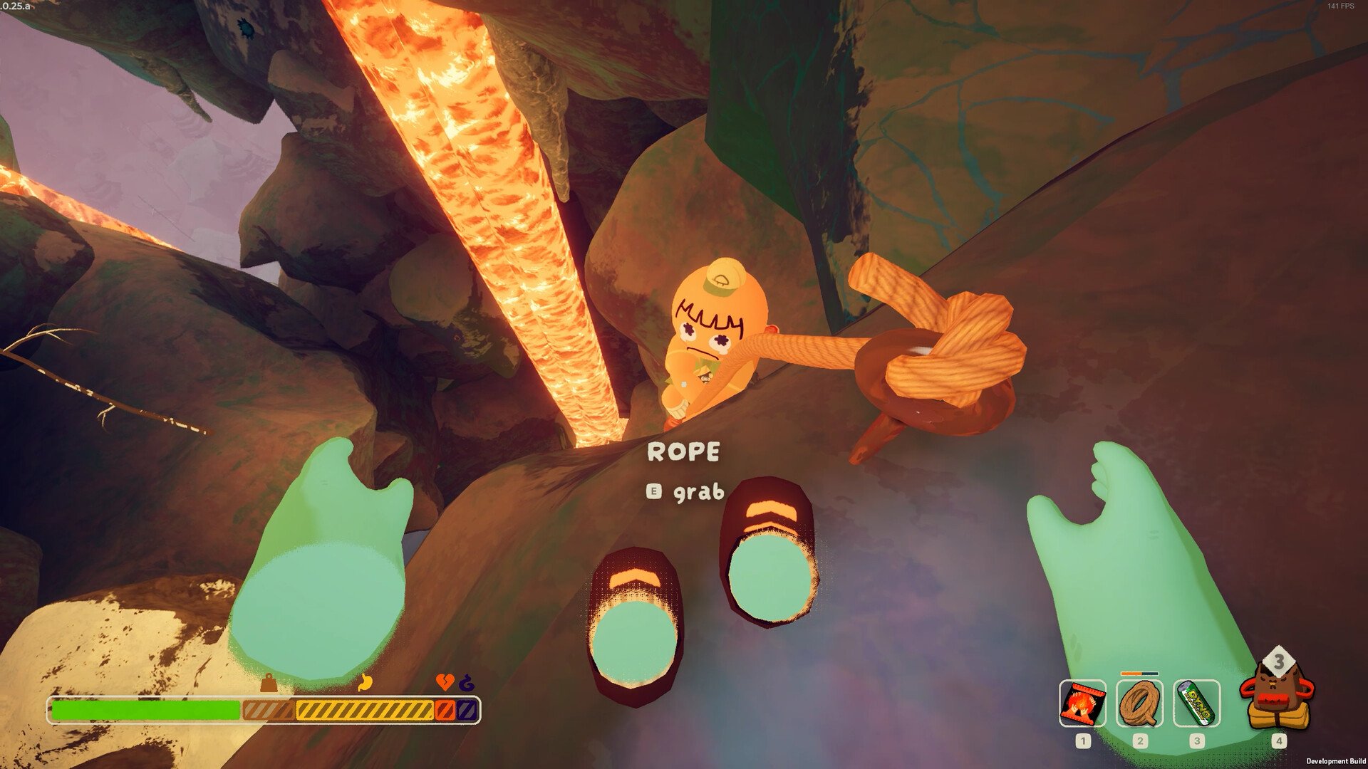 A first-person view of two green hands about to grab a rope held by another scout beside a flow of lava on a rock face in PEAK, marked Development Build.