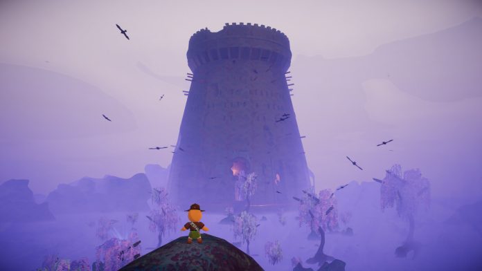 PEAK - a scout on a hill facing a misty tower. Image Team PEAK A small orange scout in a brown hat standing on a hill facing a tall misty stone tower among purple-leaved trees and circling birds in PEAK