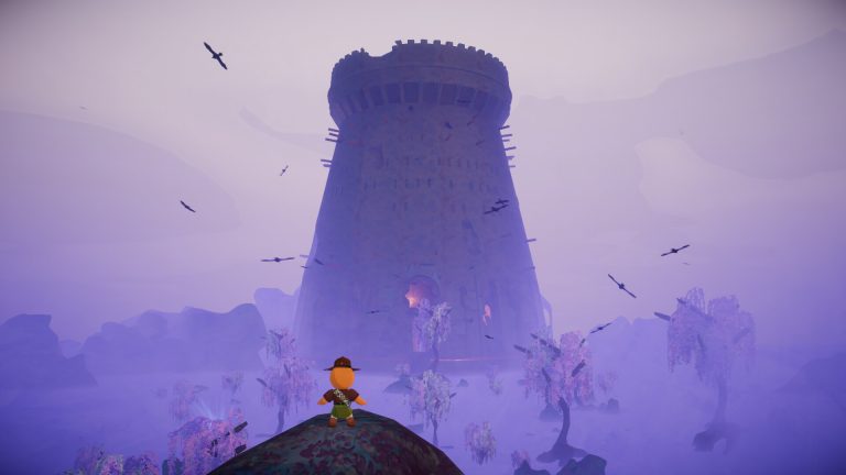 A small orange scout in a brown hat standing on a hill facing a tall misty stone tower among purple-leaved trees and circling birds in PEAK