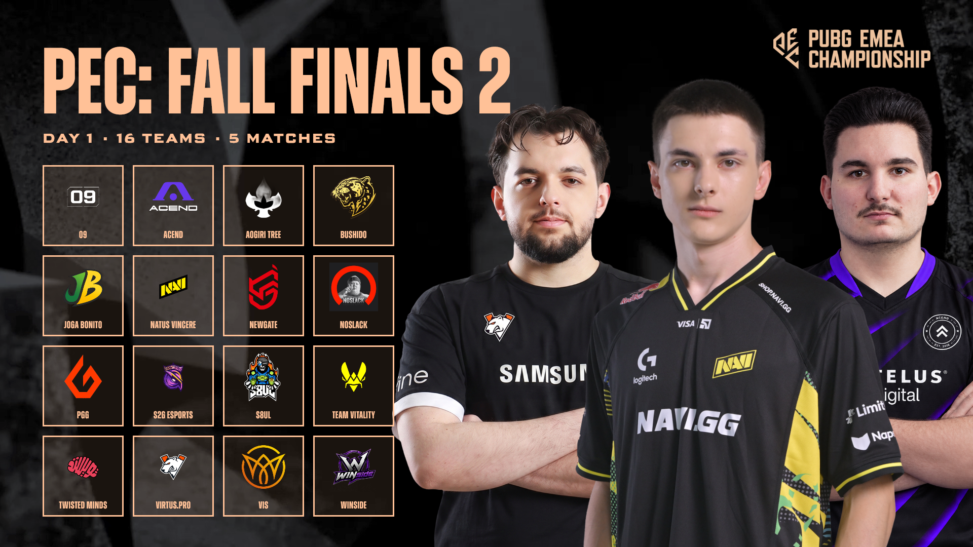 PEC: Fall Finals 2 graphic with the 16 team logos for day one beside three players in team jerseys