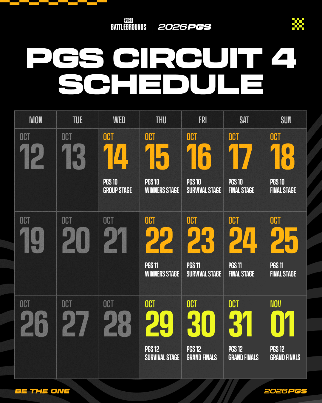 Calendar graphic of the PGS Circuit 4 schedule, with PGS 10 from 14 to 18 October, PGS 11 from 22 to 25 October and PGS 12 from 29 October to 1 November