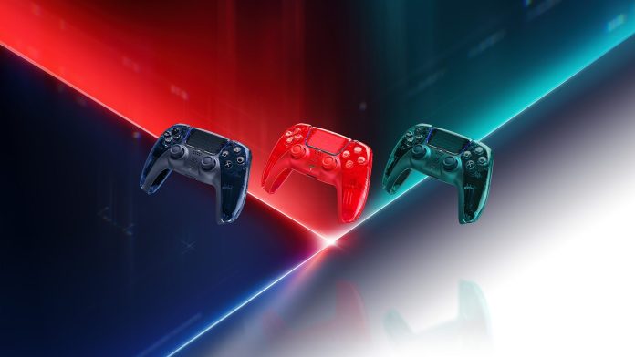 Three transparent DualSense controllers in gray, orange and green float over red and teal light beams