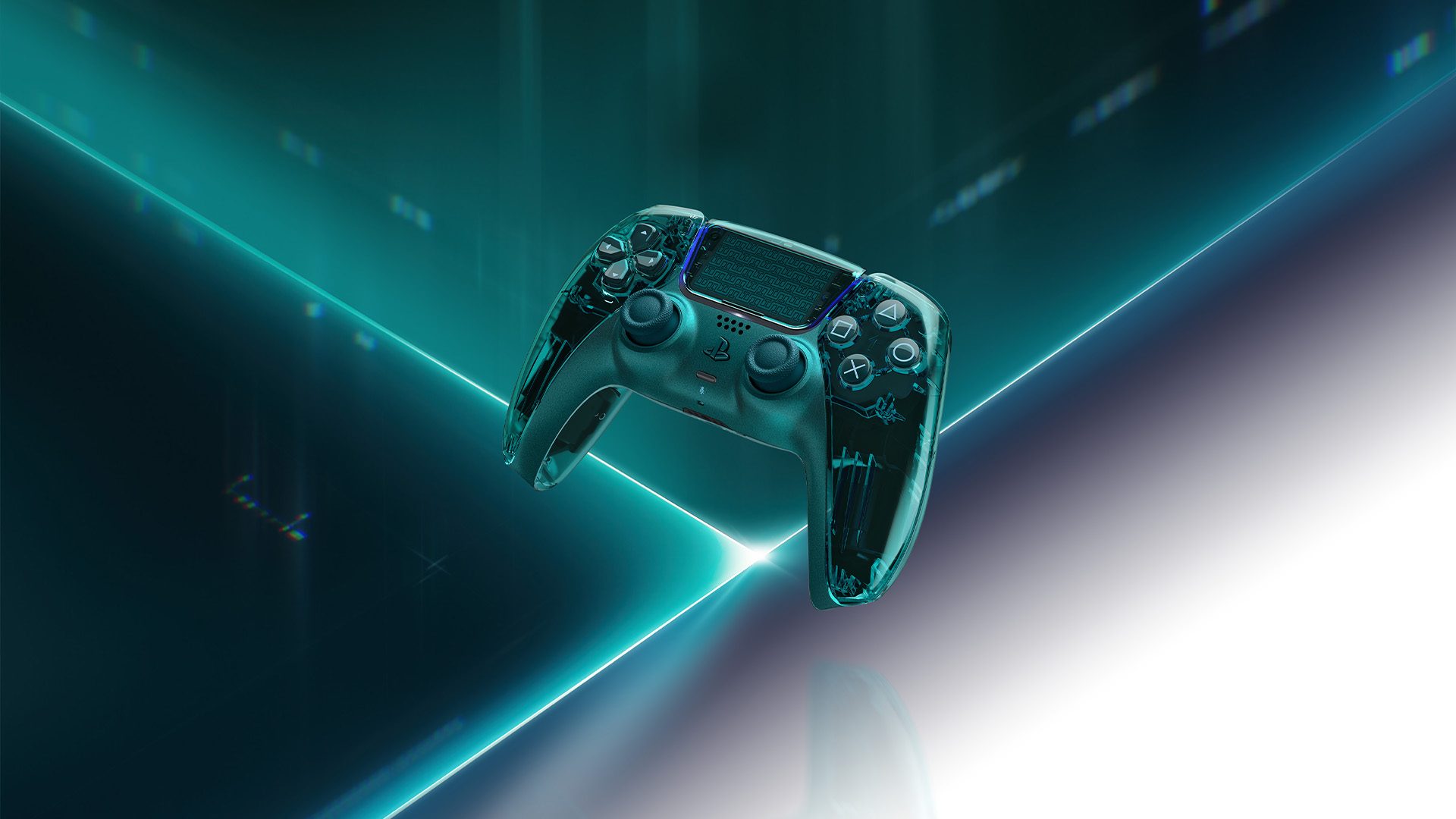 A transparent Emerald Green DualSense controller over teal light beams
