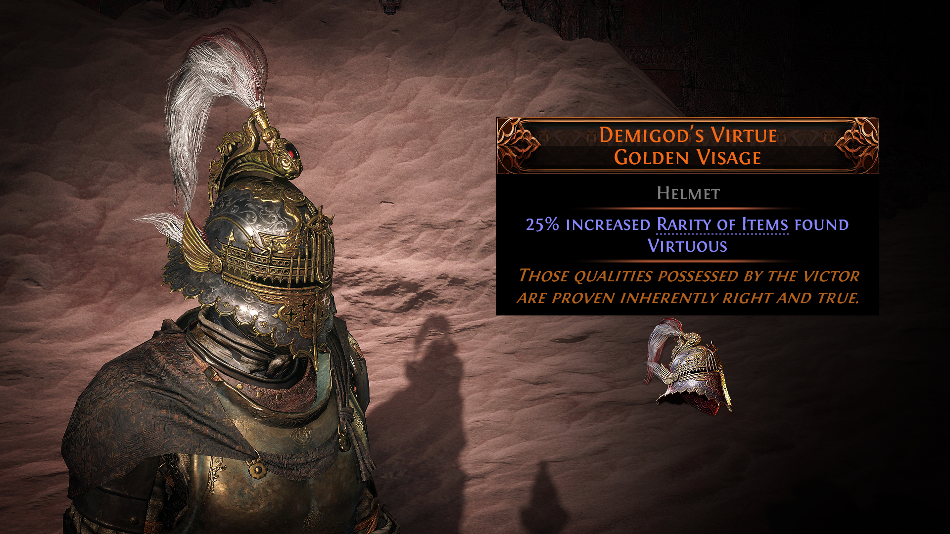A plumed golden helmet beside the item card for Demigod's Virtue, Golden Visage, in Path of Exile 2