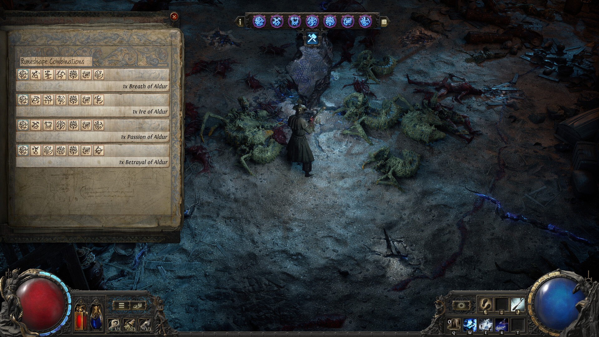 A character fights a pack of creatures in a dark cave in Path of Exile 2, with a quest log open on the left