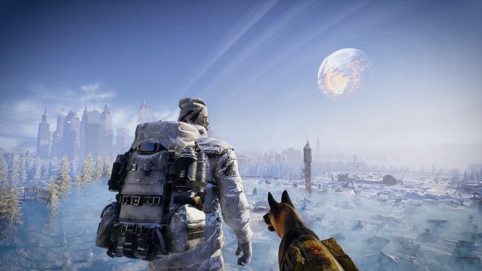 Permafrost survivor and dog. Image: SpaceRocket Games A survivor in white winter gear and a dog look over a frozen city under a cracked, glowing moon