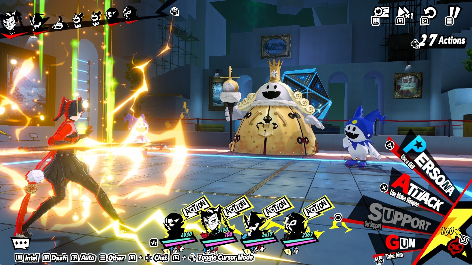 A battle in Persona5: The Phantom X, with a party attacking a crowned golden shadow beside a Jack Frost figure