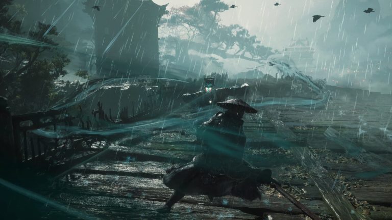 A swordsman in a straw hat fights a masked foe on a rain-lashed wooden walkway in Phantom Blade Zero.