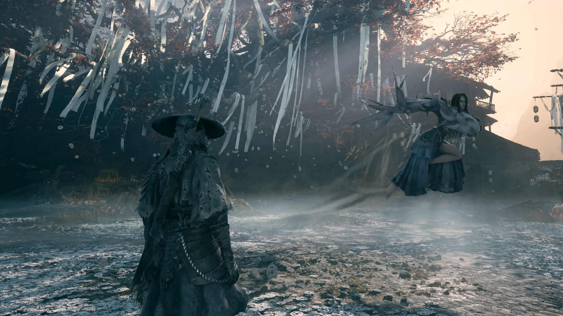 A hatted swordsman faces a leaping opponent among hanging white ribbons and a blossoming tree in Phantom Blade Zero