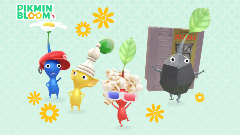 Decor Pikmin on a pale floral background: a blue Pikmin in a Mario cap, a yellow Pikmin with a chess piece, a red Pikmin with popcorn and 3D glasses, and a grey Pikmin wearing a game cartridge