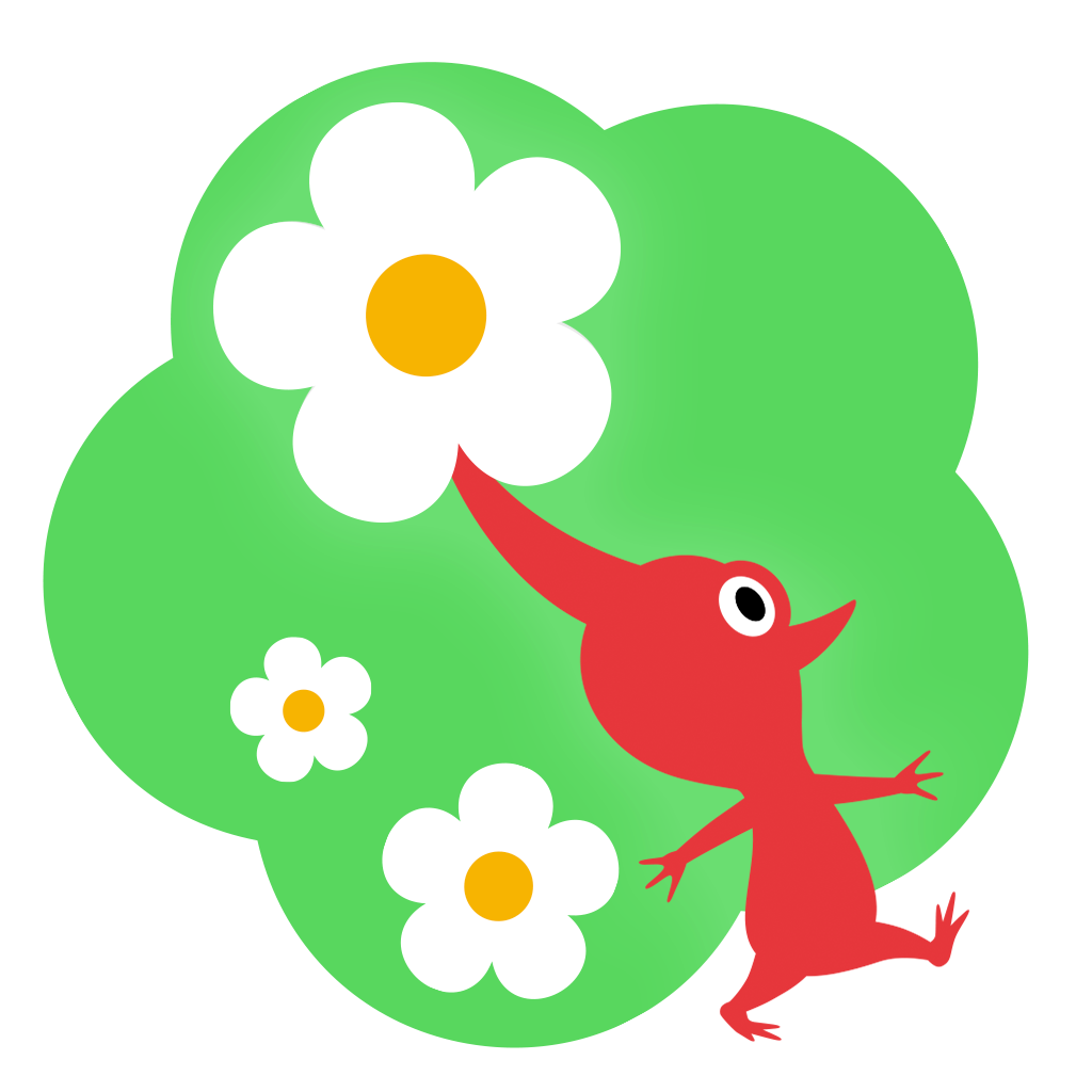 A red Pikmin running among white flowers on a green flower-shaped background