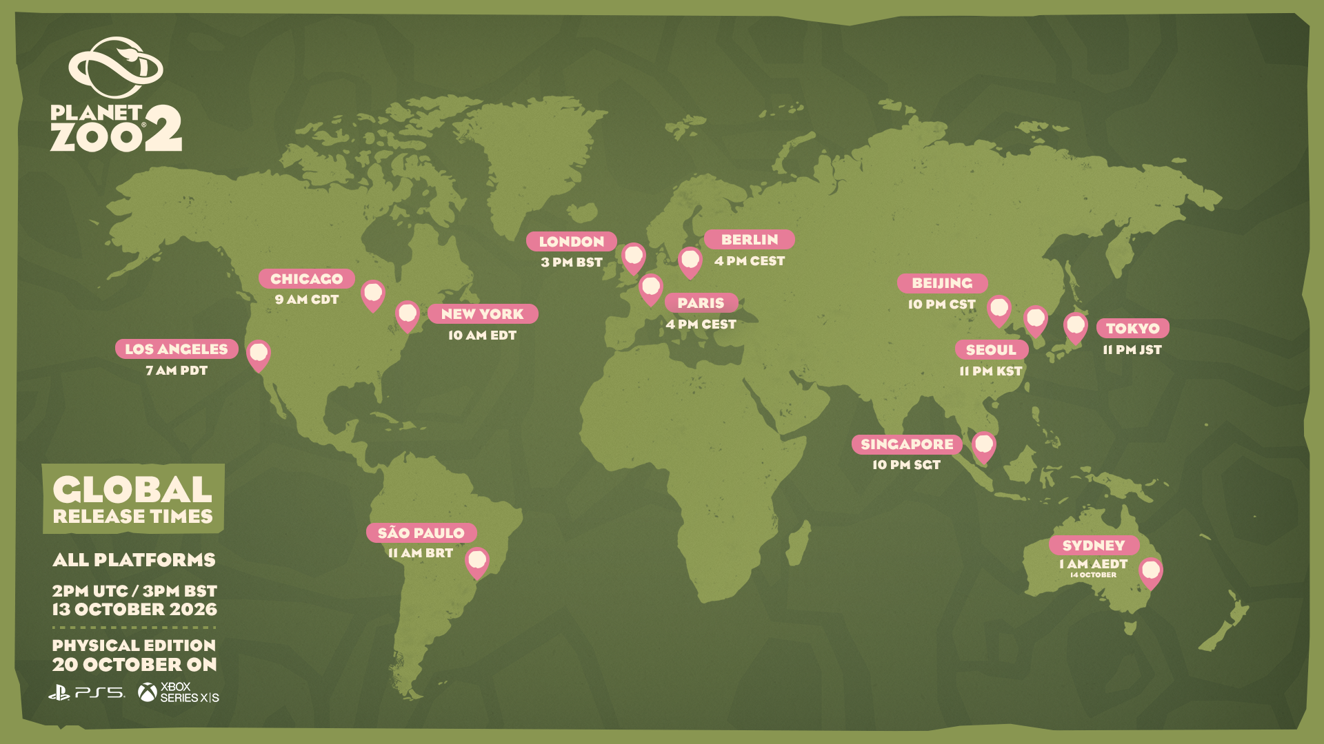 A green world map headed Global Release Times, listing 2pm UTC and 3pm BST on 13 October 2026 for all platforms, with Sydney marked 1am AEDT on 14 October and a physical edition on 20 October for PS5 and Xbox Series X|S