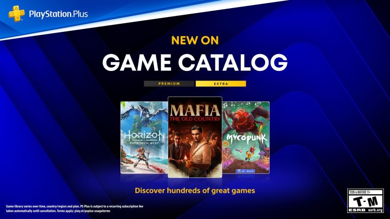 PlayStation Plus Game Catalog graphic showing the covers of Horizon Forbidden West, Mafia: The Old Country and Mycopunk