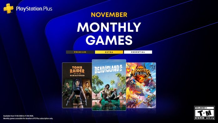 PlayStation Plus November Monthly Games art showing Tomb Raider IV-VI Remastered, Dead Island 2 and Monster Train 2