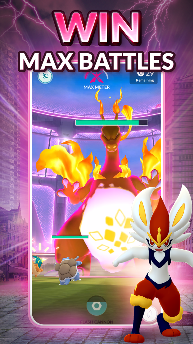 App Store screenshot reading Win Max Battles, with a Gigantamax Pokemon facing Cinderace on a phone screen
