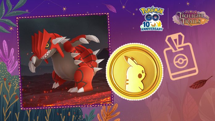 Pokemon GO GO Pass November 2026 Groudon art. Image Niantic Scopely Groudon beside a gold PokeCoin and a GO Pass icon under the Pokemon GO 10th Anniversary and Twilight Trails logos