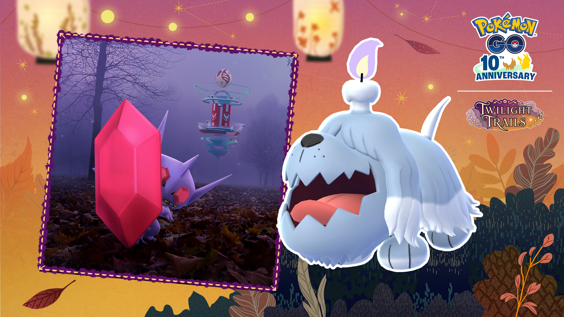 Pokemon GO key art for Halloween 2026 Part II: a Greavard with a candle on its head beside a framed picture of Mega Sableye holding a red crystal, against an autumn background with paper lanterns and the Twilight Trails logo.